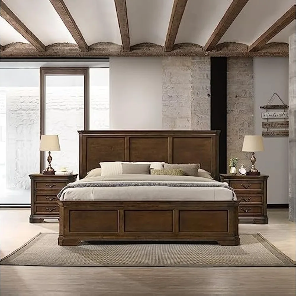

Queen Size Antique Walnut 3-Piece Bedroom Set Including Panel Bed and Nightstands