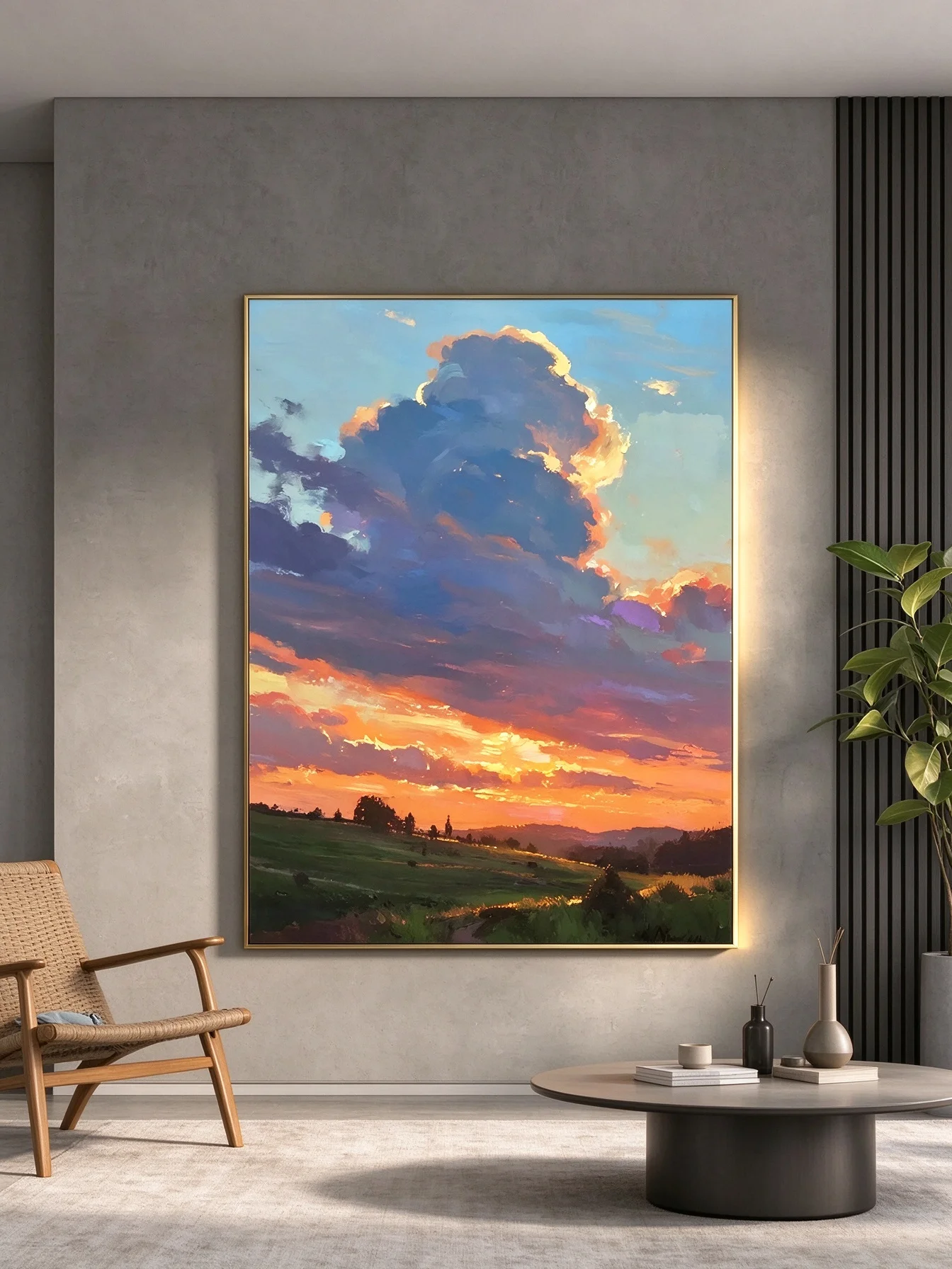 Sunset Countryside Landscape Wall Art, Impressionist Cloud Oil Painting, Vibrant Sky Scenery Print for Modern Home Decor