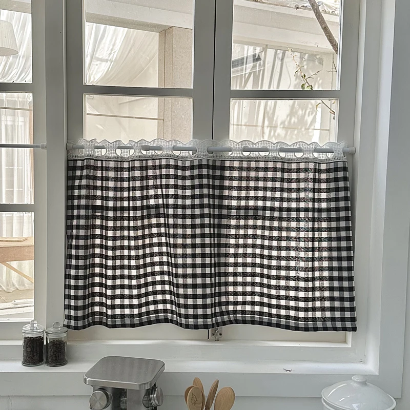 الجاموس تحقق منقوشة نافذة الستائر مع الدانتيل شبه شير ستارة المطبخ مزرعة القماش القطني قضيب جيب الستائر لديكور غرفة نوم #6