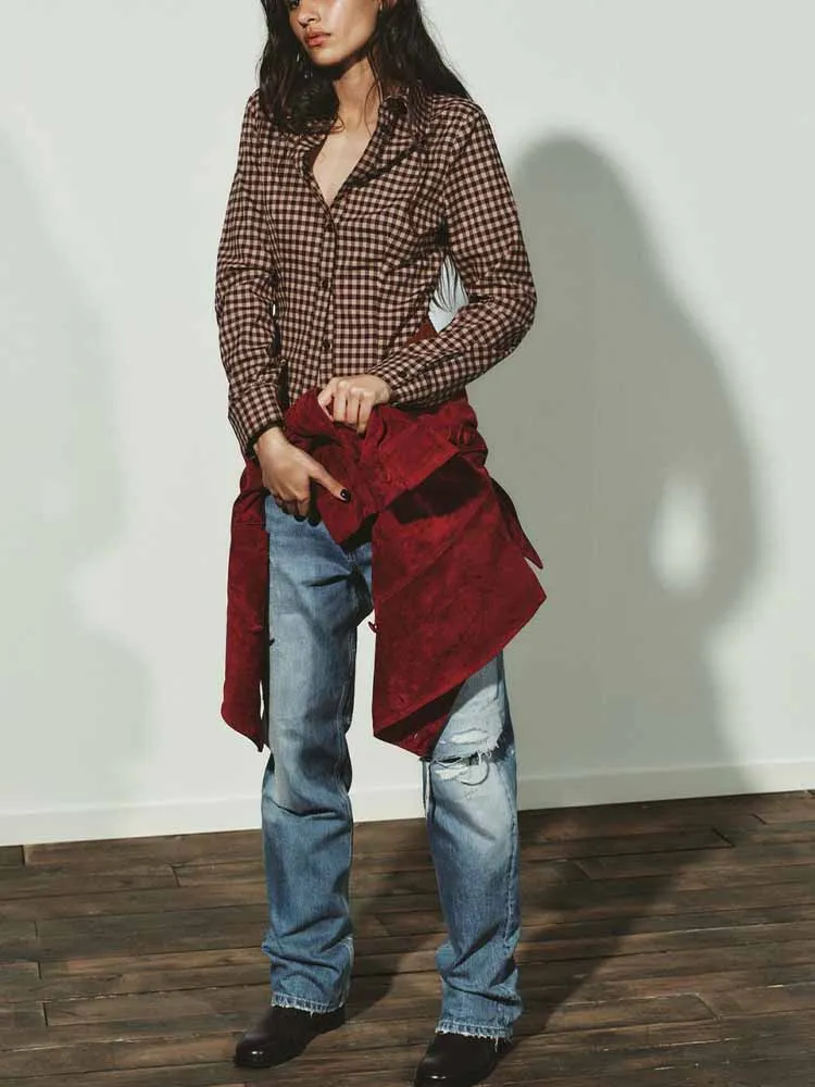 

New European and American style winter fashion women's shirt, simple and versatile, lapel long sleeve slim fit plaid shirt