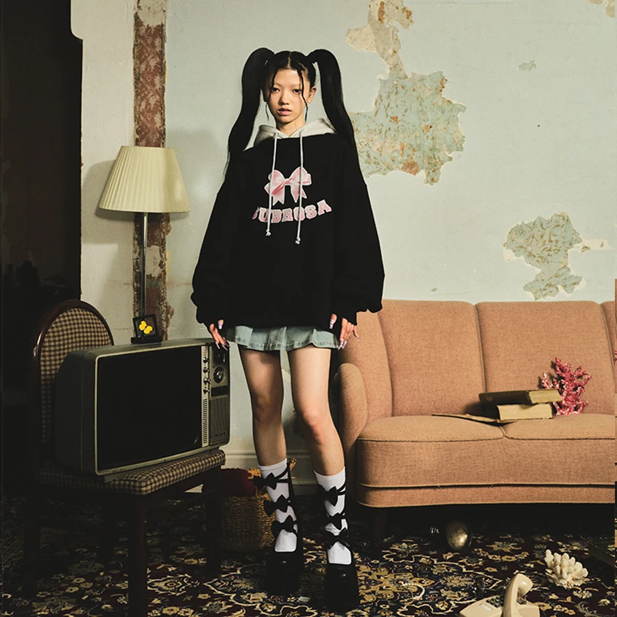 

PinkRibbon Hoodie with Knot Print Color Blo Fake Two-Piece Sweatirt Sweet Sle Long Sve Cotton Loose Fit