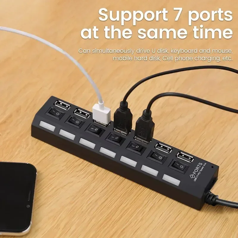 USB 2.0 Hub Multi USB Splitter Ports Hub Use Power Adapter4/ 7 Port Multiple Expander Hub with Switch 30CM Cable For Home