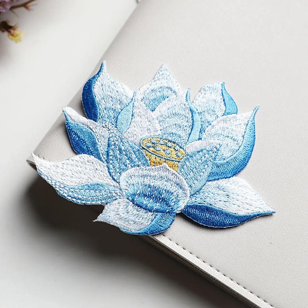 1 Piece Iron on Embroidery Lotus Stickers DIY Cheongsam Box Bag Patch Decoration Gold Blue Pink Orange Adhesive Backing