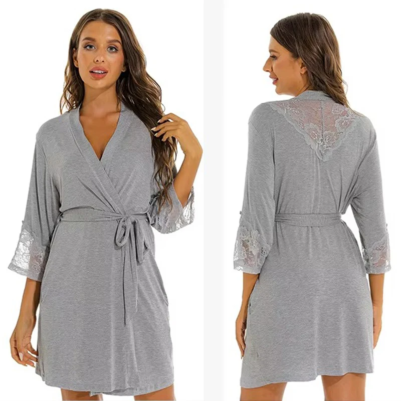 Women Plus Size  Loose Lace Trim Loungewear Nightgown Sexy Lace Cuffs Nightwear Lace-Up Bathrobe Women's Loose Casual Home Wear