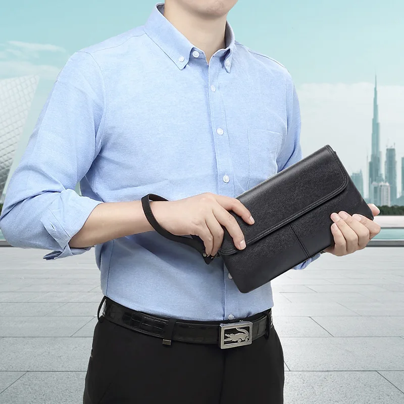 

New trendy leather men's handbag, business casual clutch, letter envelope, fashionable men's mobile phone bag, wallet