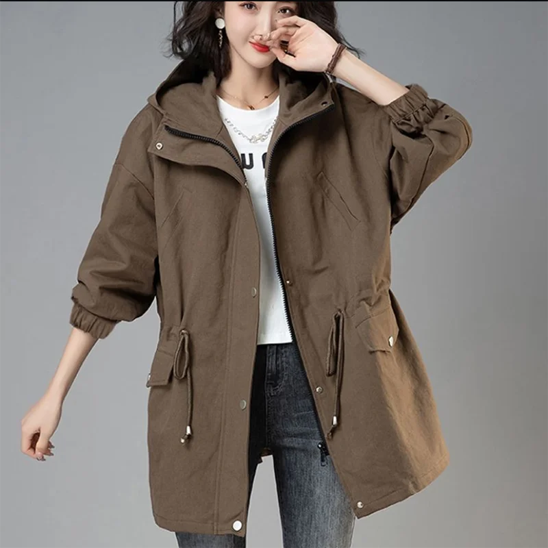 2023 New Spring Fall Women\'s Jackets Windbreaker Female Hooded Casual Basic Coat Korean Loose Zipper Jacket Drawstring Outerwear