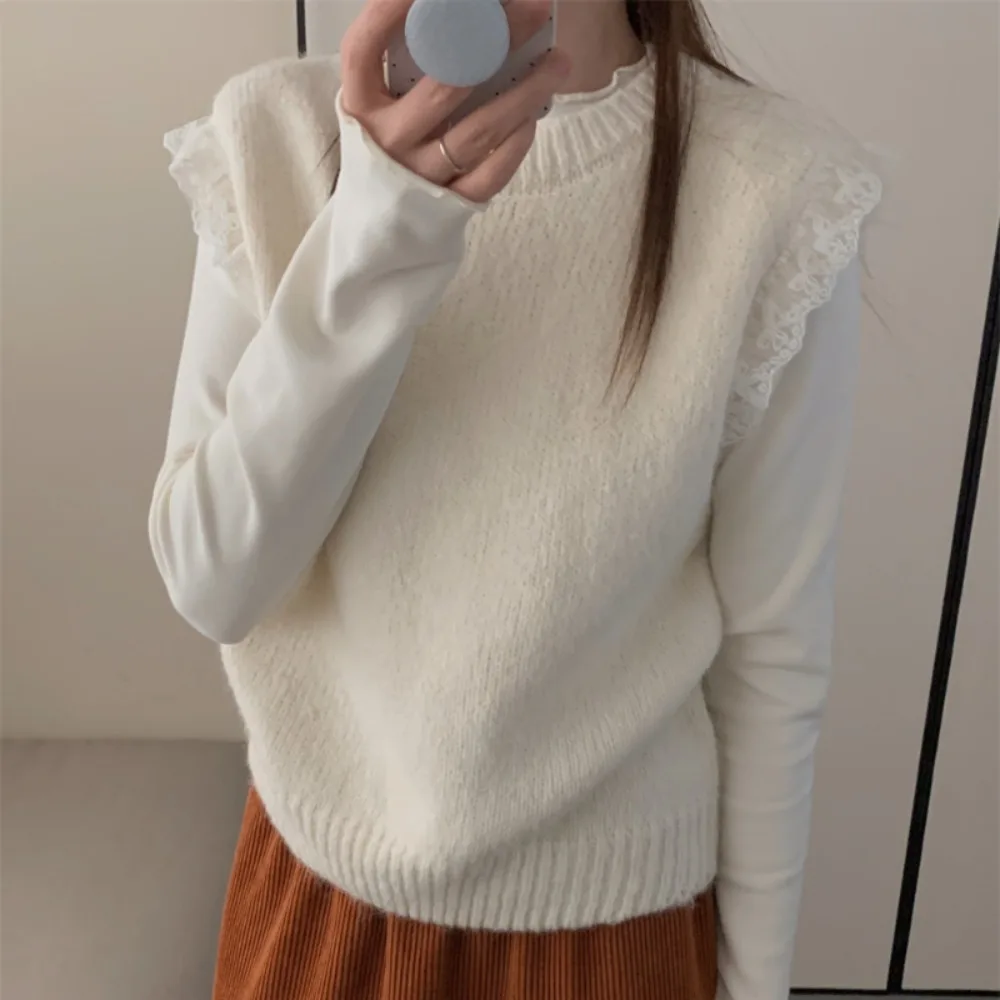 

Свободный лоскутный жилет с круглым вырезом и летящими рукавами, вязаное кружевное винтажное пальто без рукавов, универсальное корейское литературное пальто меньшинств, новинка