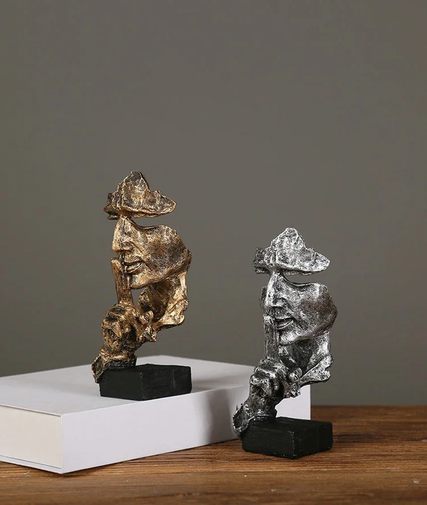 17 cm Wohnkultur Abstrakte Stille Ist Gold Figur Harz Hand Gesicht Stille Männer Statue Skulptur Hause Büro Wohnzimmer Dekoration – Detail 2