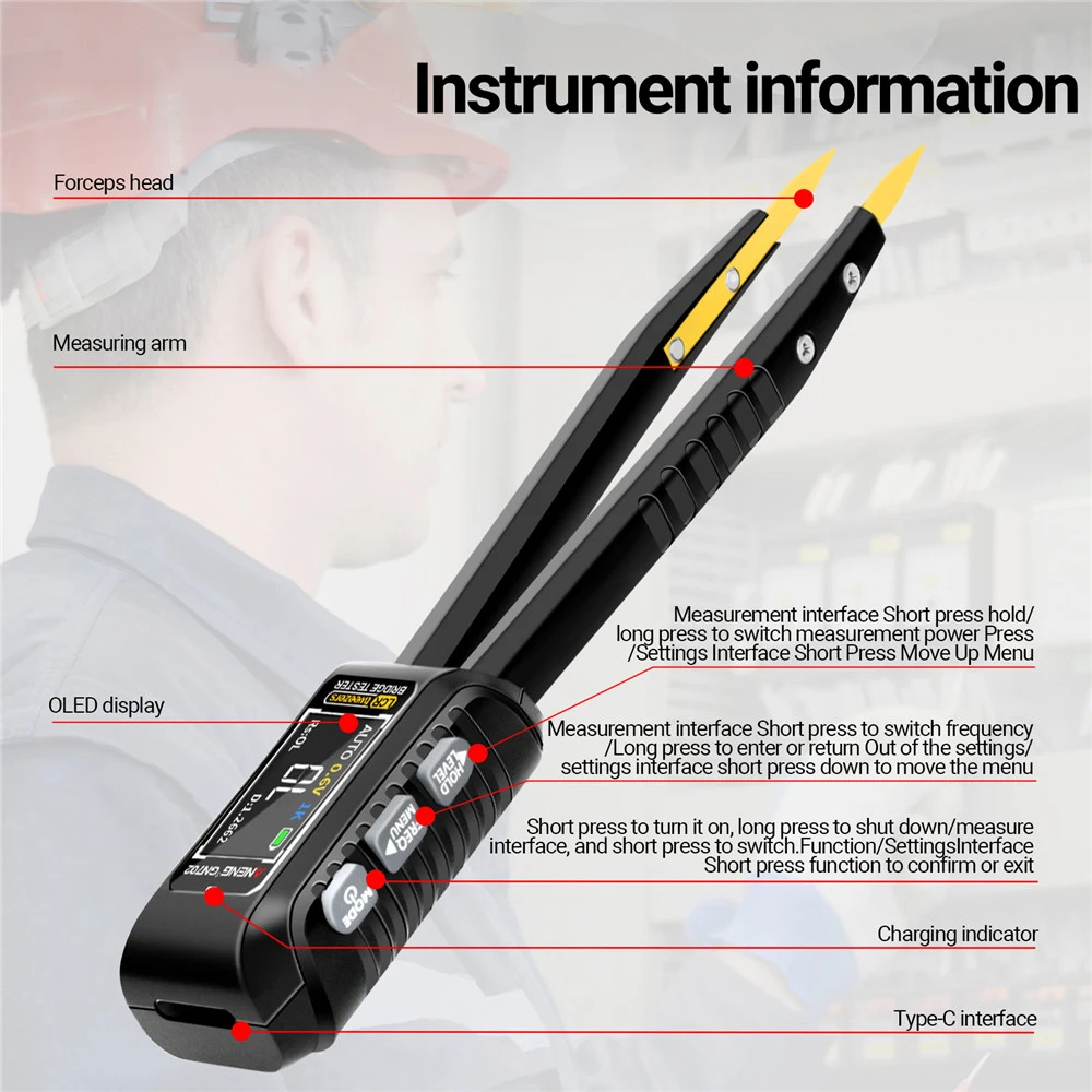 GN702 LCR Smart Forceps Bridge Built-in Rechargeable Lithium Battery Tester Inductance Capacitor Electrician Tool