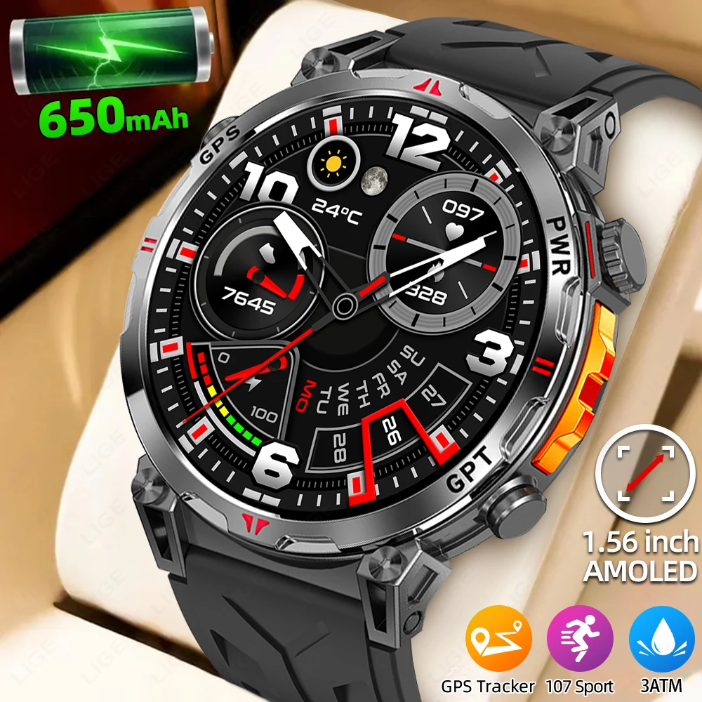 

LIGE Military Grade Smart Watch Men GPS Compass 1.56" AMOLED 3ATM Waterproof Sport Fitness Tracker Bluetooth Call Smartwatch New