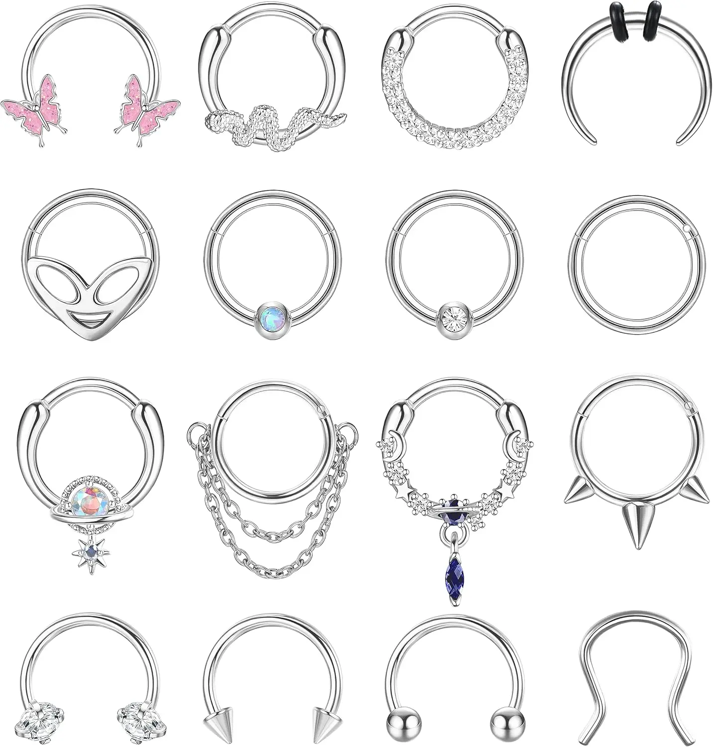 

Florideco 16Pcs 16G Septum Rings Hoop for Women Men Surgical Steel Septum Horseshoe Helix Cartilage Earrings Piercing Jewelry