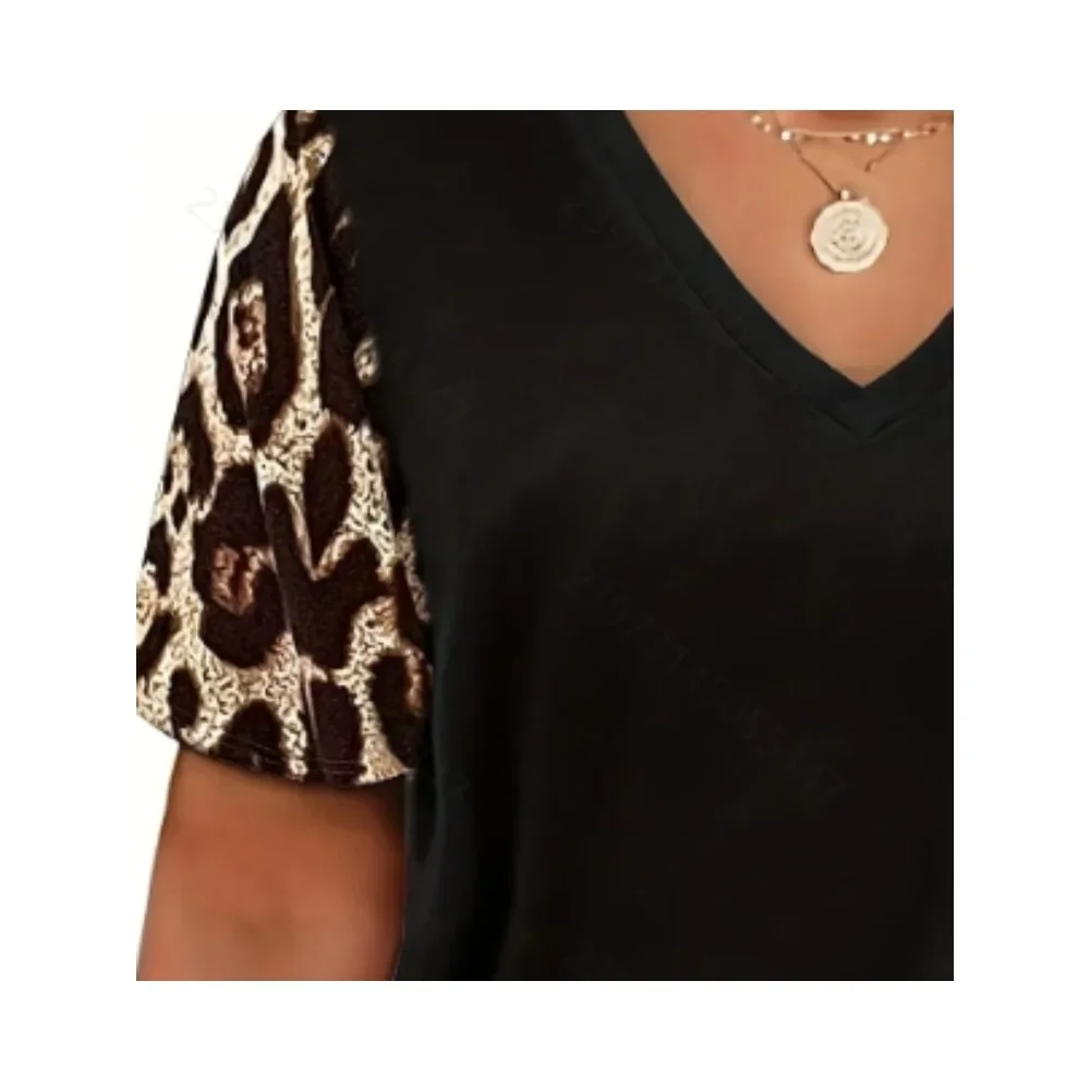 حجم كبير 1XL-5XL جديد المرأة قصيرة الأكمام اللون مطابقة ليوبارد تي شيرت مطبوع المرأة الخامس الرقبة اللون متقلب تي شيرت مطبوع #5