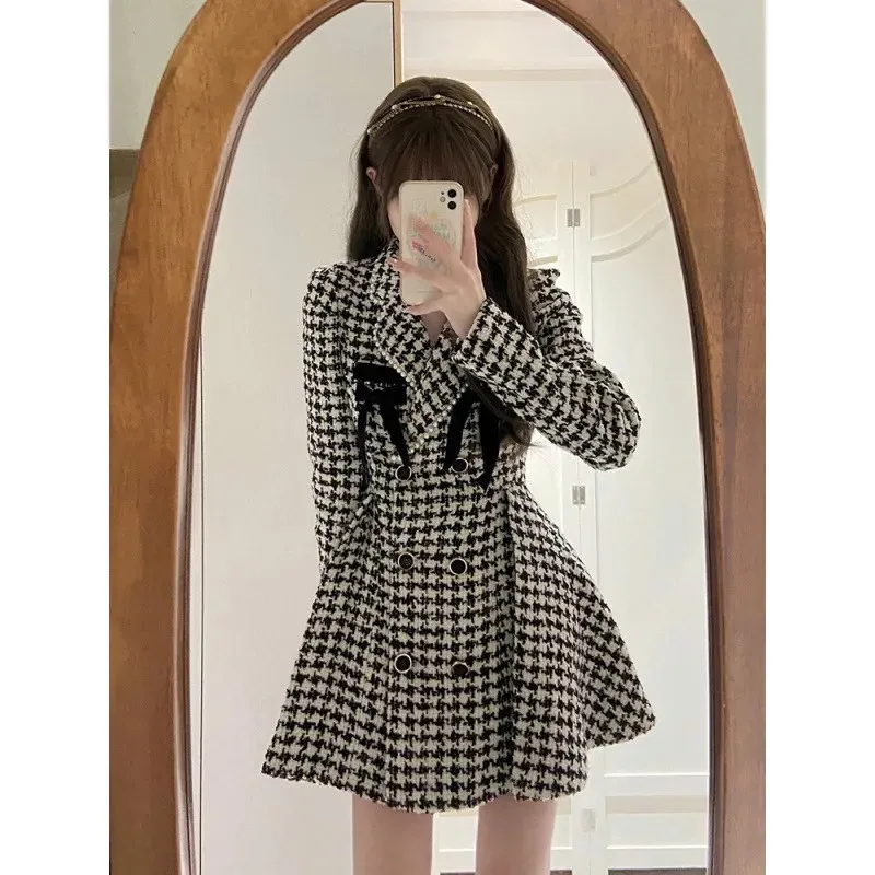 2024 New Style Rich Girl Double Row Button Tweed Jacket Bow Thousand Feeling Thousand Bird Pattern Dress