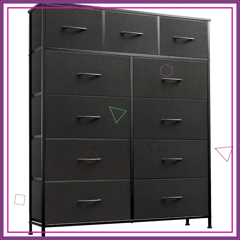 

Высокий комод с 11 ящиками, стальным каркасом и деревянной столешницей, угольно-черный шкаф для хранения вещей для спальни или гардеробной