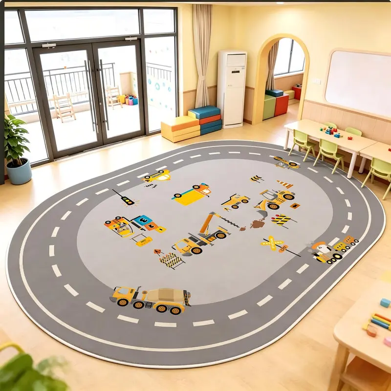VIKAMA Oval Train Track Bear Kids Area Rug, Soft Crystal Velvet Plush Non Slip Floor Carpet for Nursery Bedroom Playroom Decor