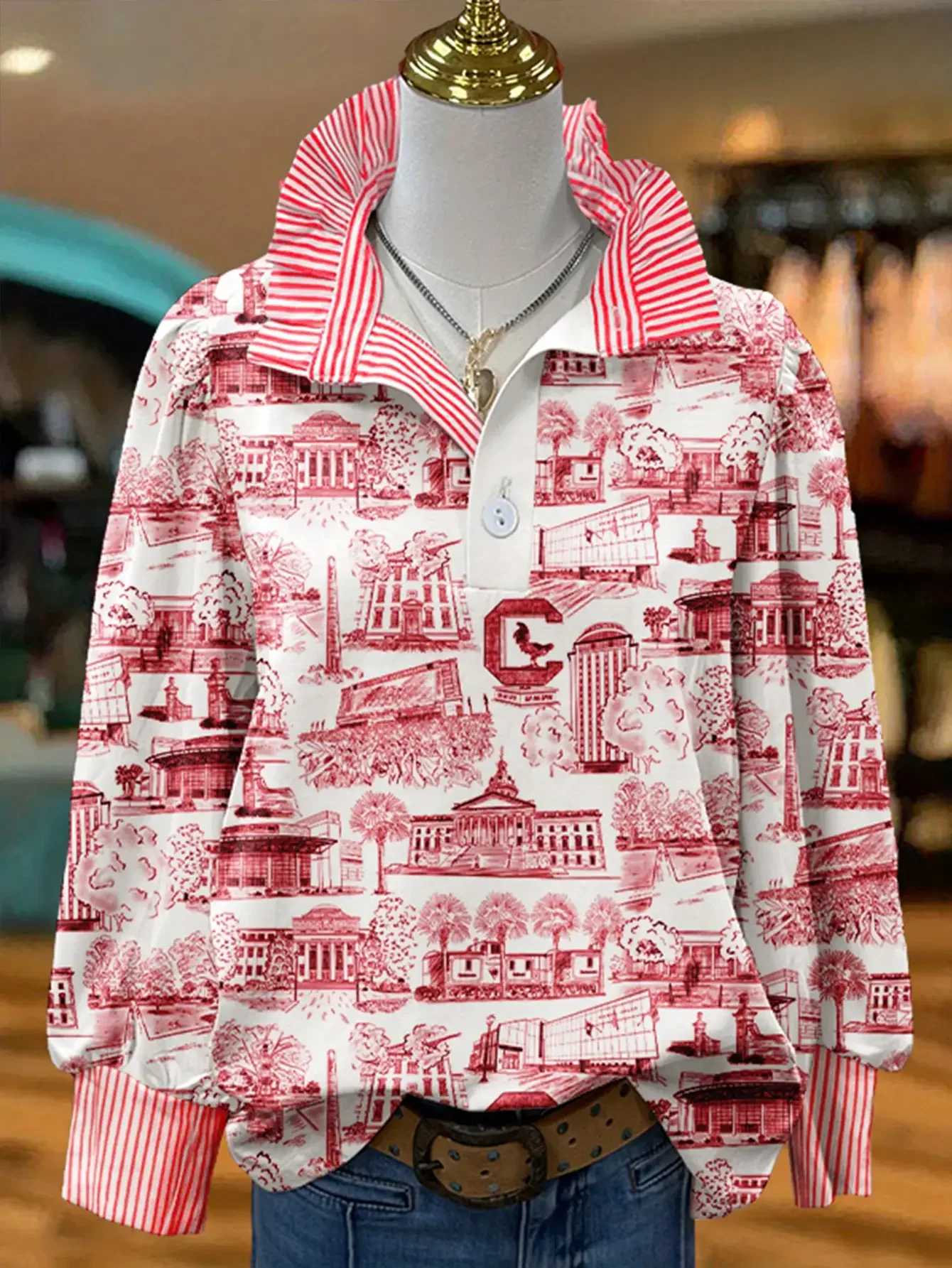 2026 Christmas women's striped shirt with multi-color striped collar and Various eye-catching bow designs