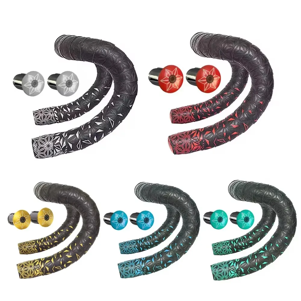 Fita de Guidão para Bicicleta de Estrada Super Adesiva Kush Star Fade EVA/PU Antiderrapante com Absorção de Choque e 1 Par de Plugs de Guidão