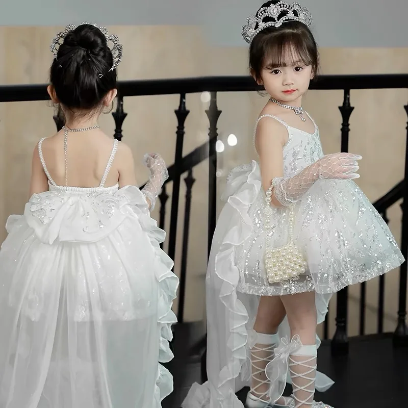 

Trailing Formal Dress for Elegant Girl Luxury Sequined Tulle Ball Gown Kids Pageant Performance Costumes Wedding Party Vesidos