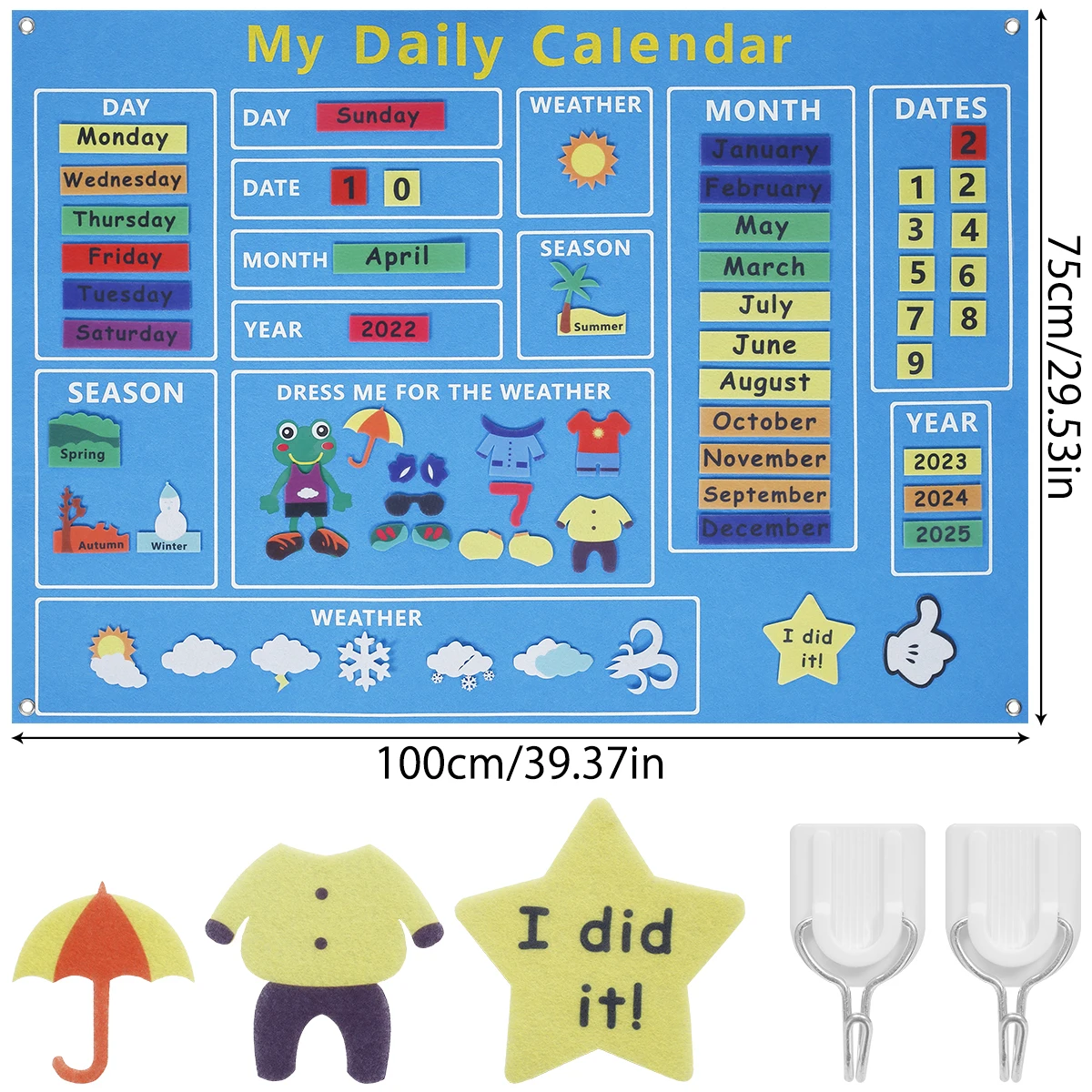 Il mio primo calendario giornaliero in feltro per i più piccoli 100x70 cm Calendario oggi Grafico da appendere per la parete Data Meteo Stagione Mese