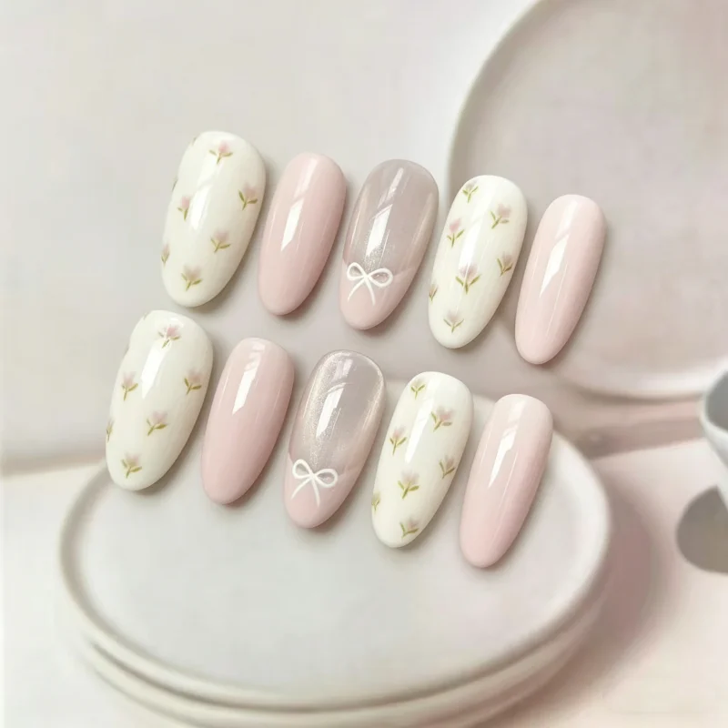 30Pcs False Nails Medium-Long Oval-Shaped Elegant Artistic and Fresh Style Press-On Nails Perfect As A Gift for Girls and Friend