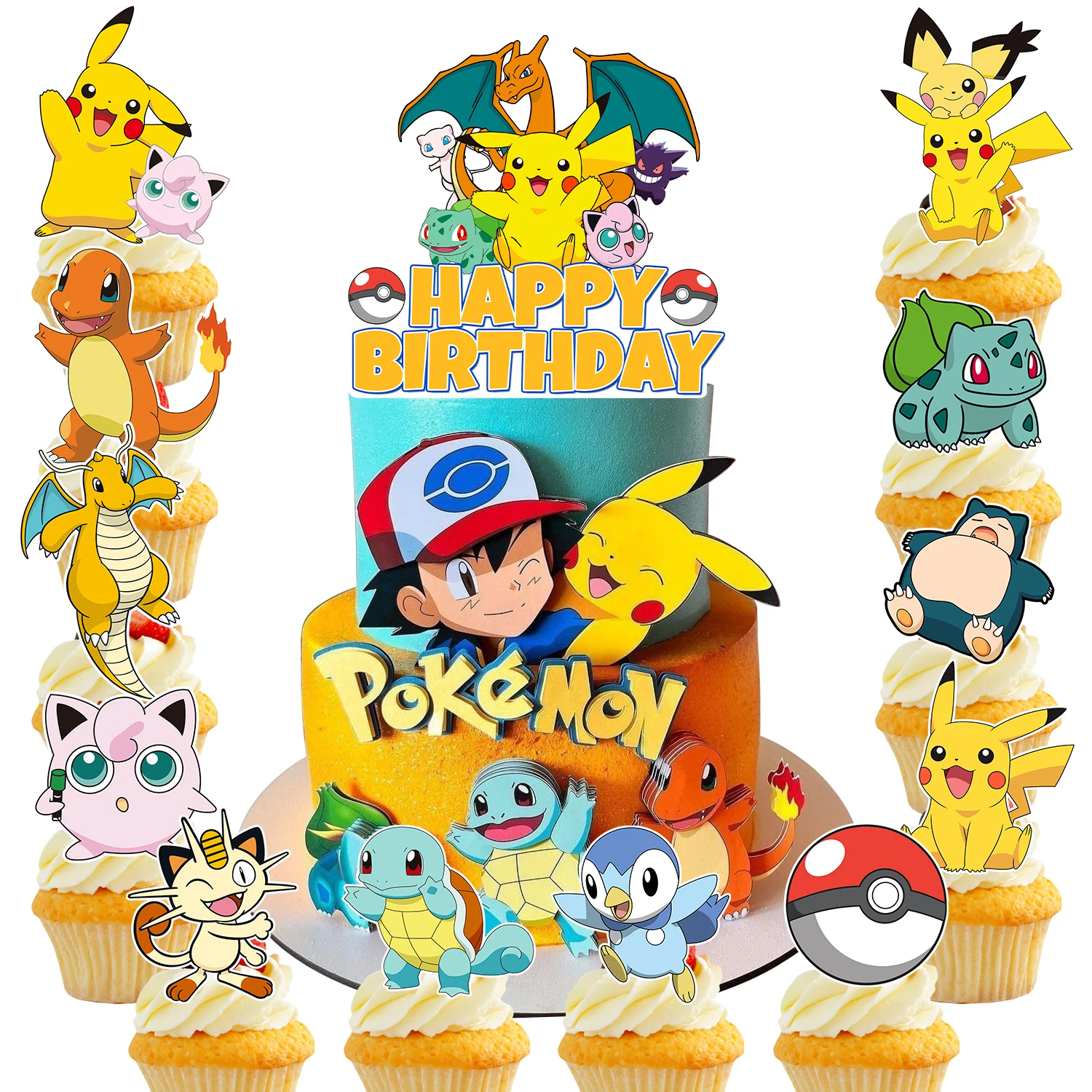 25 adornos para cupcakes de Pokémon, adornos para tarta de Pokémon y adornos grandes para tarta de cumpleaños de Pokémon para decoración de fiesta de cumpleaños de Pokémon