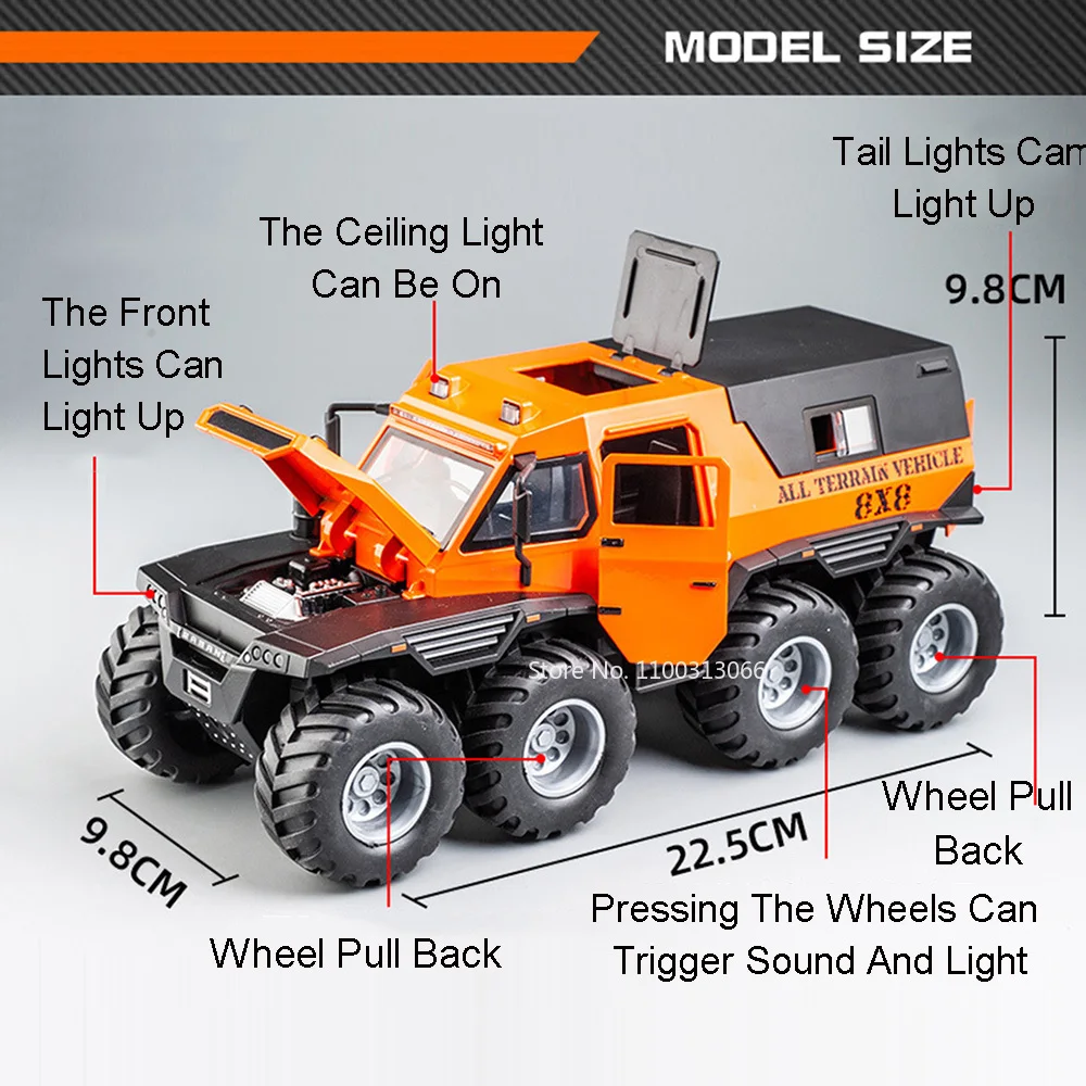 1:24 Alloy Car Model Russian Avtoros Shaman 8*8 Diecasts Off-road Vehicle with Light Sound Pull Back Function SUV for Boy Gifts