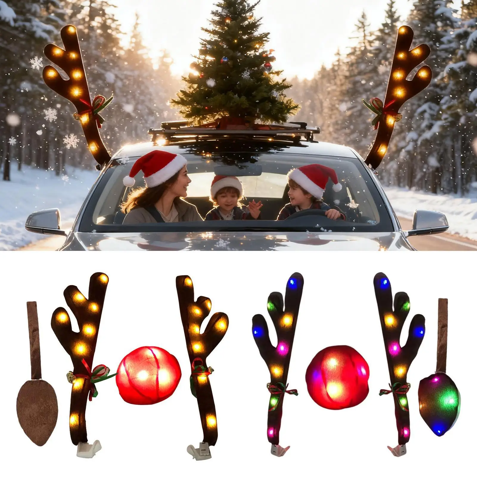 

Рождественские украшения для автомобиля, светодиодный набор с рогами, носовой хвост, автомобильный внешний декор для окна, крыши, праздничная вечеринка, праздничные аксессуары
