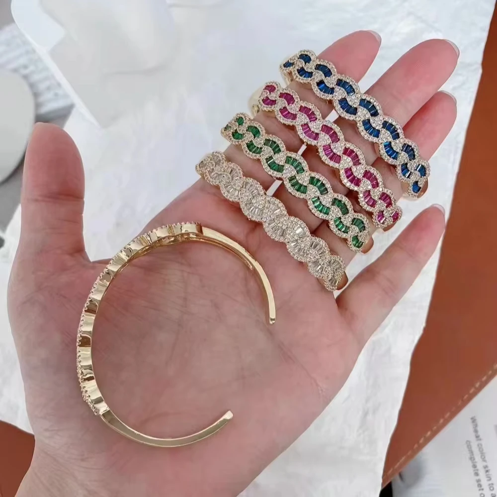 Popular Fanshaped Micro CZ Pave Jewelry Cuff Bangle Rainbow Zircon Color Open Size Bracelet for Women