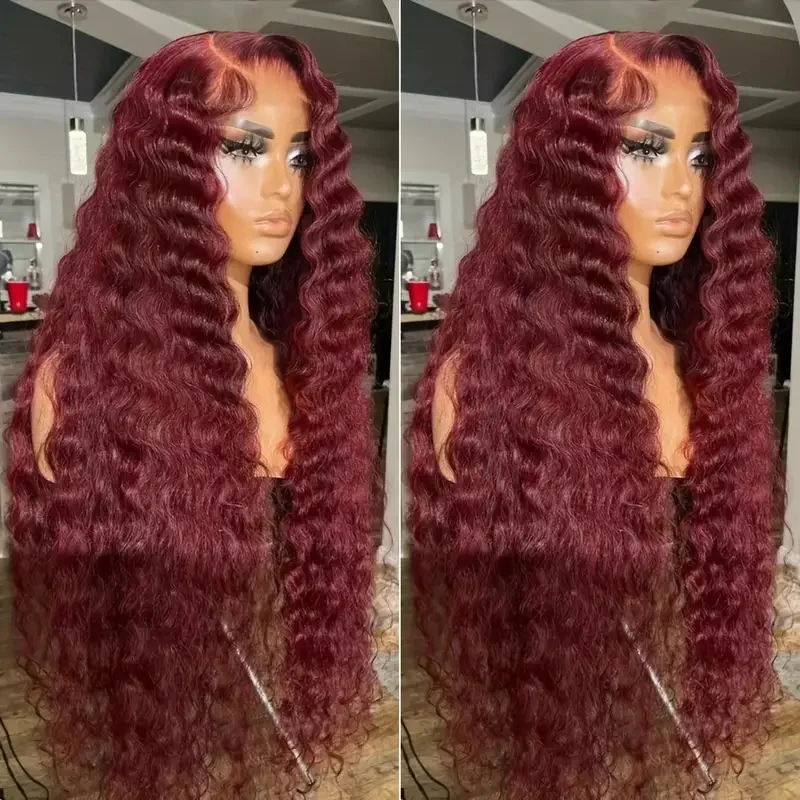 99j Burgund 13x6 Spitze Front Perücken rot gefärbte HD Deep Wave Echthaar Perücken 13x4 tiefe lockige Spitze frontale brasilia nische Perücke für Frauen