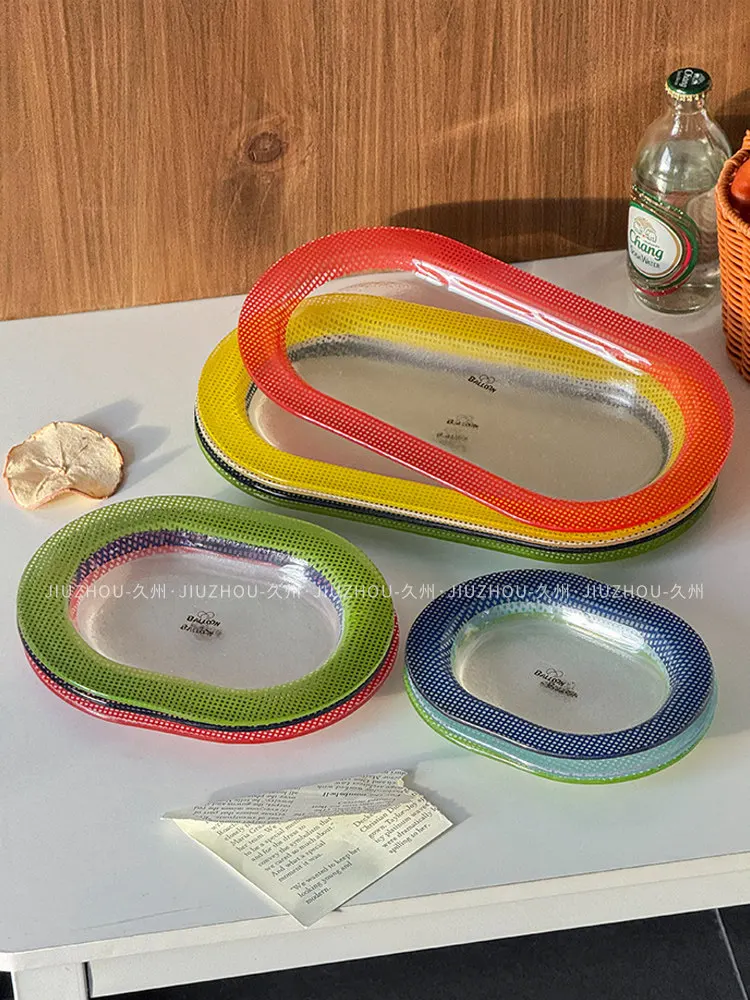 Ins Color Blocking Glass Plate Korean Letter Decorative Dessert Tablewares Korean Style Household Oval Daily Dining Utensils