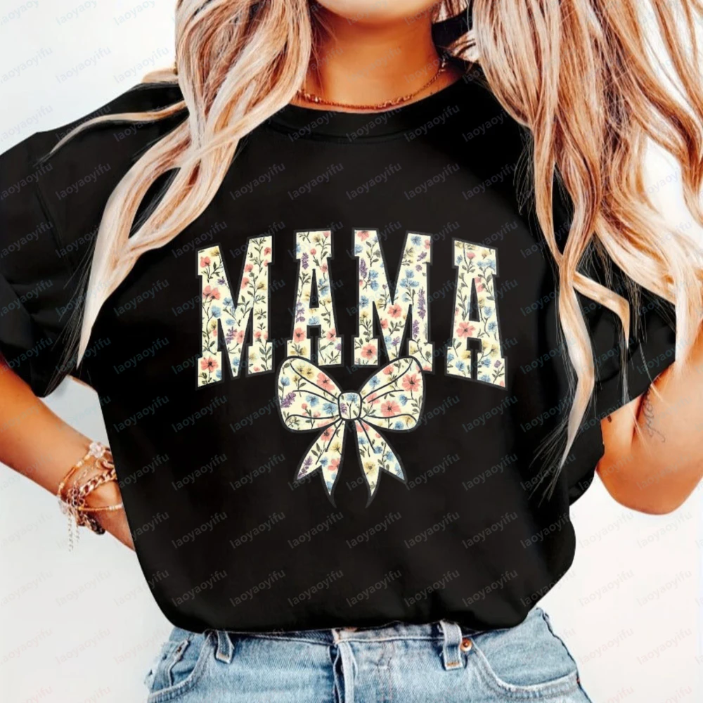 

Mama Floral Bow Women T-Shirt Retro Letter Graphic Tops Mother's Day Gift for Mom Trendy Casual Cotton Tee Kawaii Ropa Mujer