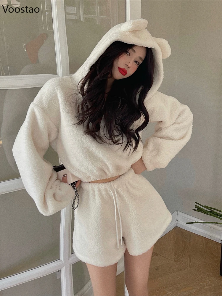 Autumn Winter Women Kawaii Shorts Set Soft Plush Bear Ears Hooded Sweatshirt High Waist Shorts Suit Girls Hoodies 2 Piece Sets