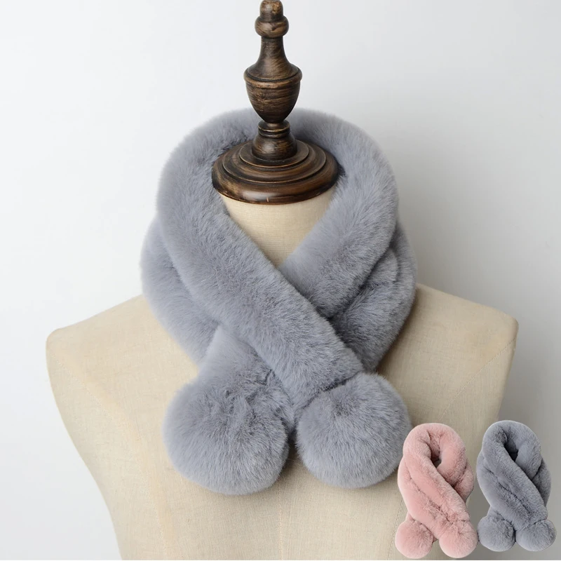 New Winter Faux Rabbit Fur Collar Scarf Cute Two Fur Balls Neck Warmer Soft Fluffy Scarves Solid Color Cross Neckerchief