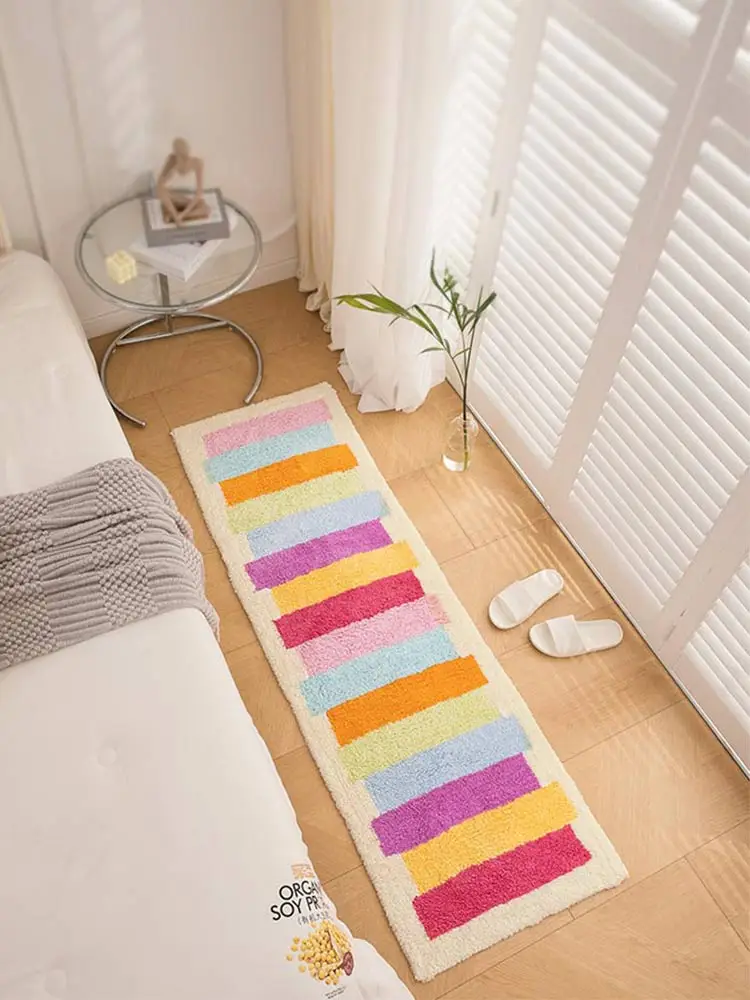  Striped Pure Cotton Bedroom Long Side Carpet Bathroom Absorbent Non-Slip Foot Mat Home Use Entrance Door Mat Machine...