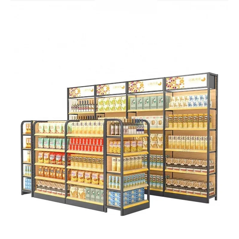 custom，Cheap retail shop shelving grocery convenience store supermarket shelf heavy duty wood iron shelves wooden  gondola shop