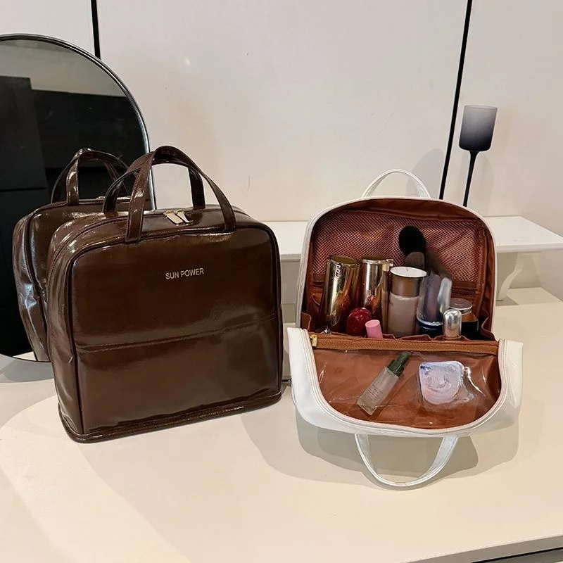 Retro Solid Color Handbag Women Clean Large Capacity  Makeup Bag Ladies Portable Multifunctional Multi Compartment Toiletry Bags