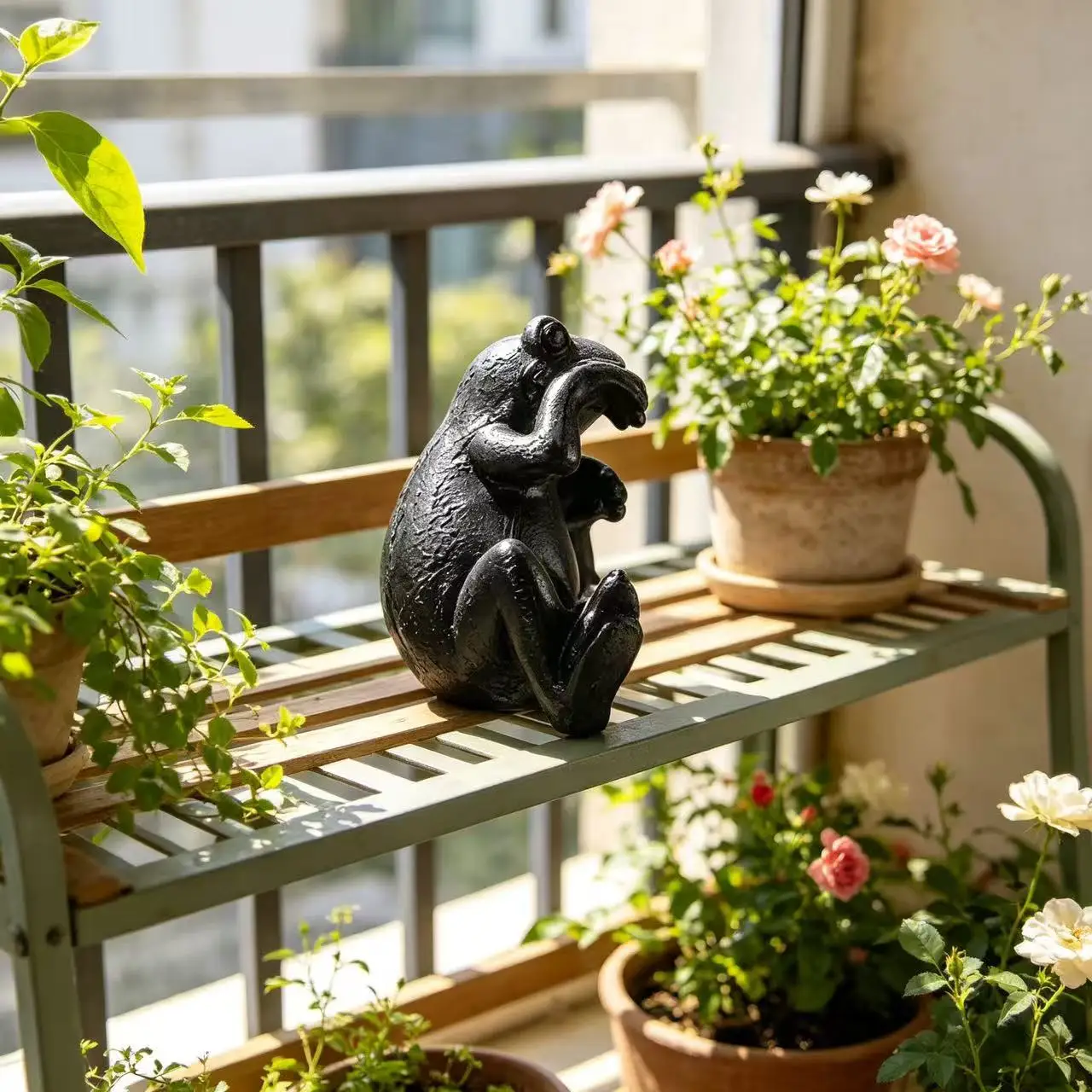 Cute Black Frog Statue Resin Ornament for Garden Yard Balcony Decor