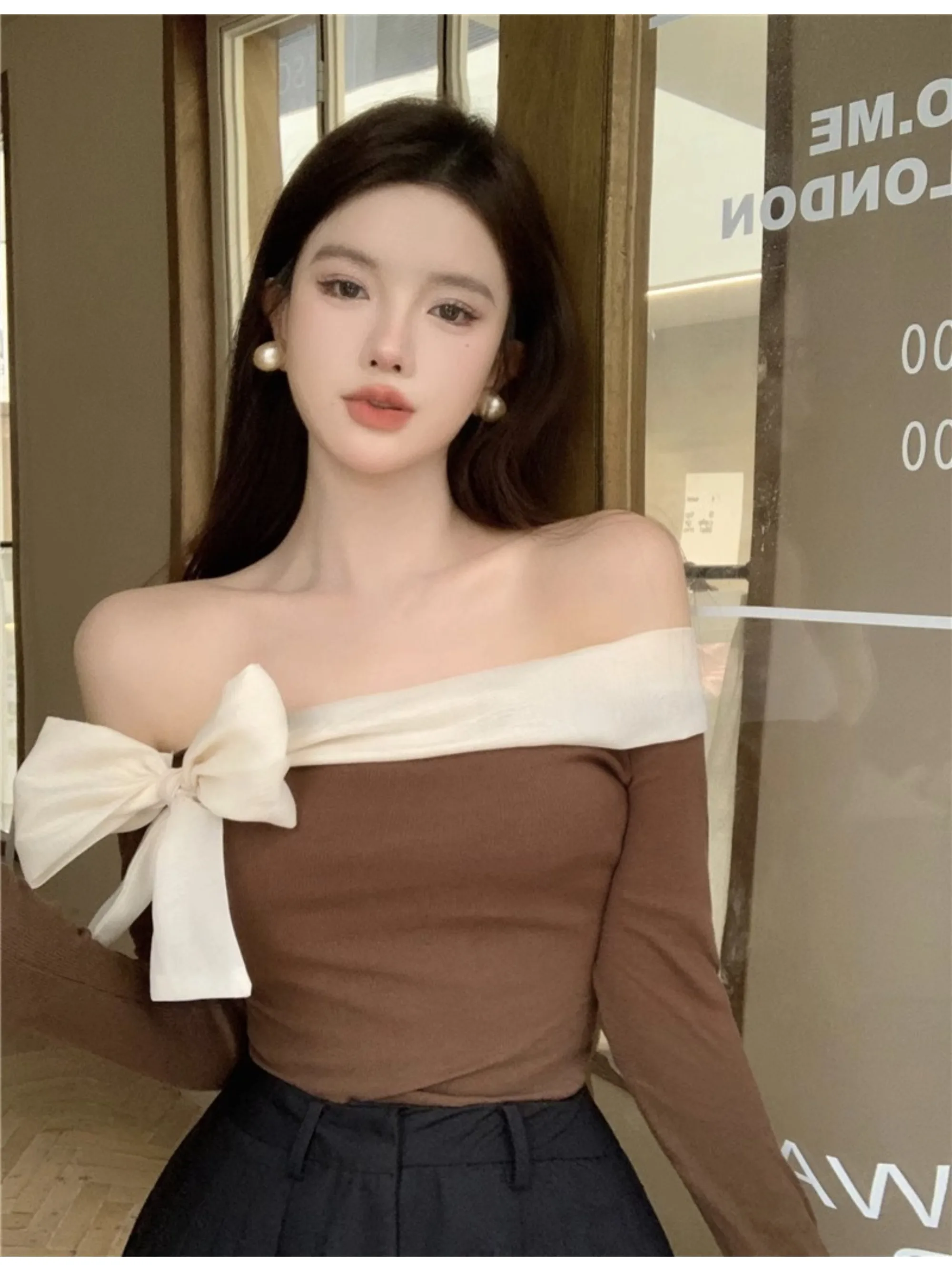 Deeptown Coquette Off Shoulder Black T-shirts Women Korean Style Chic Bow Brown Long Sleeve Tees Sweet Sexy Patchwork Slim Tops