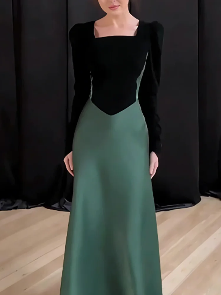 Fall Bandage Slim Dress Vintage Elegant Color Blocked Long Sleeve Dress Temperament Square Collar High Waist Satin Evening Dress