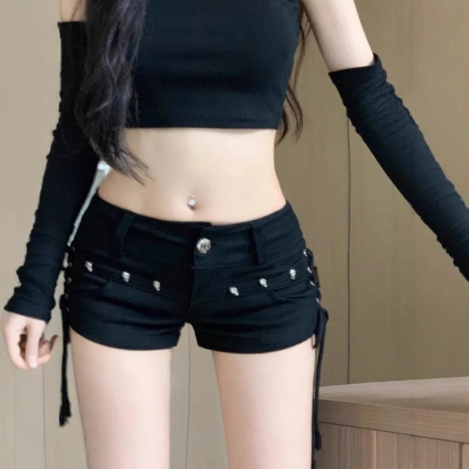 

Женские черные готические джинсовые шорты, винтажные эстетические корейские джинсовые шорты с низкой талией, Harajuku Y2k, ковбойские короткие брюки, летняя одежда