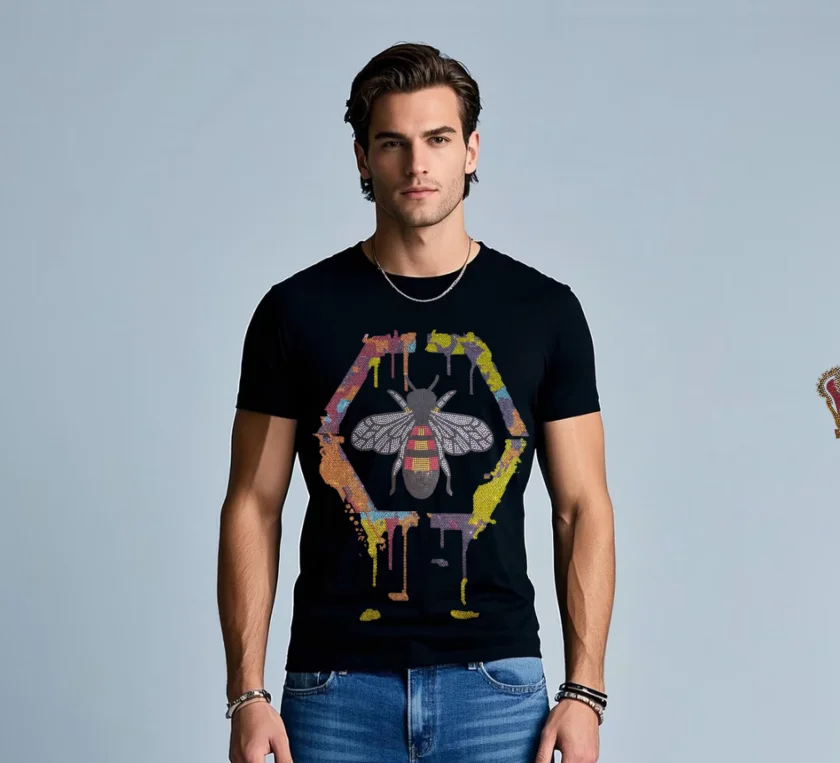 تي شيرت رجالي ذو علامة تجارية فاخرة مع تي شيرت مصمم عصري من حجر الراين