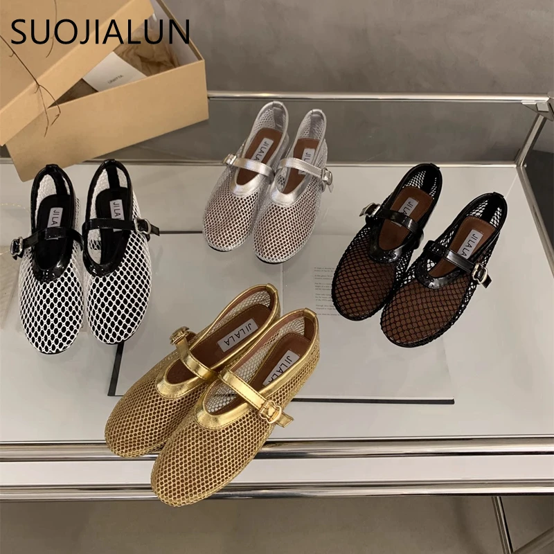 SUOJIALUN 2024 Summer New Brand Women Flat Shoes Fashion Mesh Ladies Elegant Mary Jane Shoes Soft Sole Outdoor Dress Ballerinas