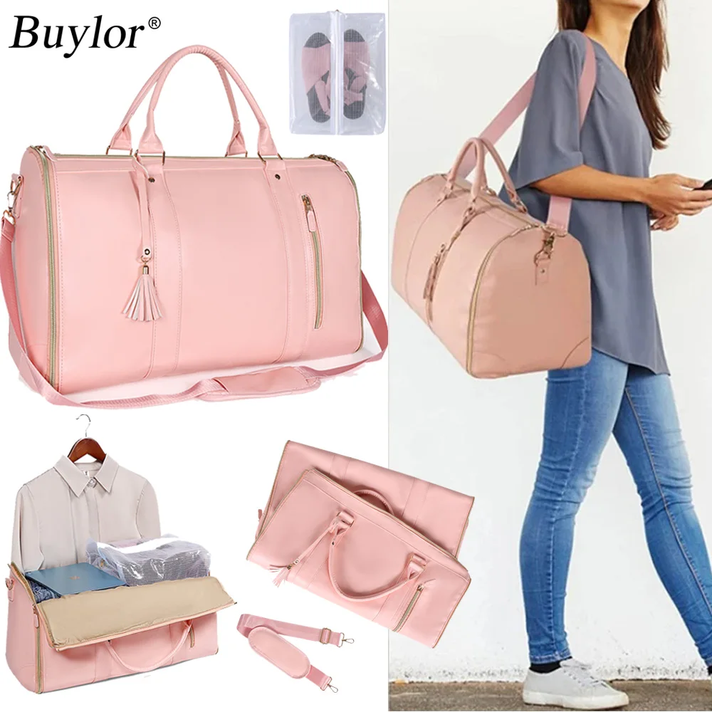 Buylor PU Foldable Suit Travel Bag Women's Handbag Waterproof Clothes Tote Large Capacity Sport Outdoor Multi Function Organizer