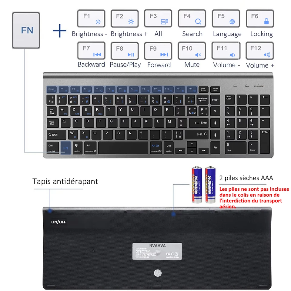 フランス語ワイヤレス AZERTY レイアウトキーボード超スリムデュアル