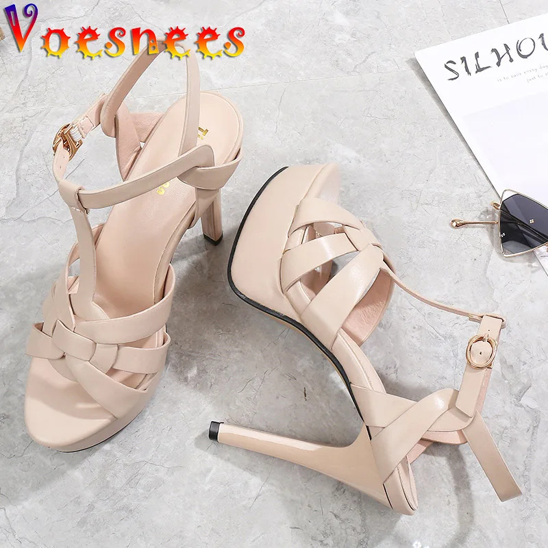 Comfortable Microfiber Summer Platform High Heels Women Slides Weave Design Stiletto Party Shoes Roman Style Open Toe Sandals