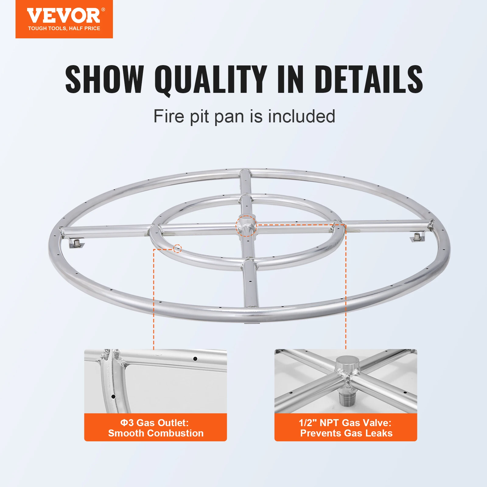 VEVOR 24 inch Round Drop-in Fire Pit Pan  Stainless Steel Fire Pit Burner  Natural & Propane Gas Fire Pan 92,000 BTU for Indoor