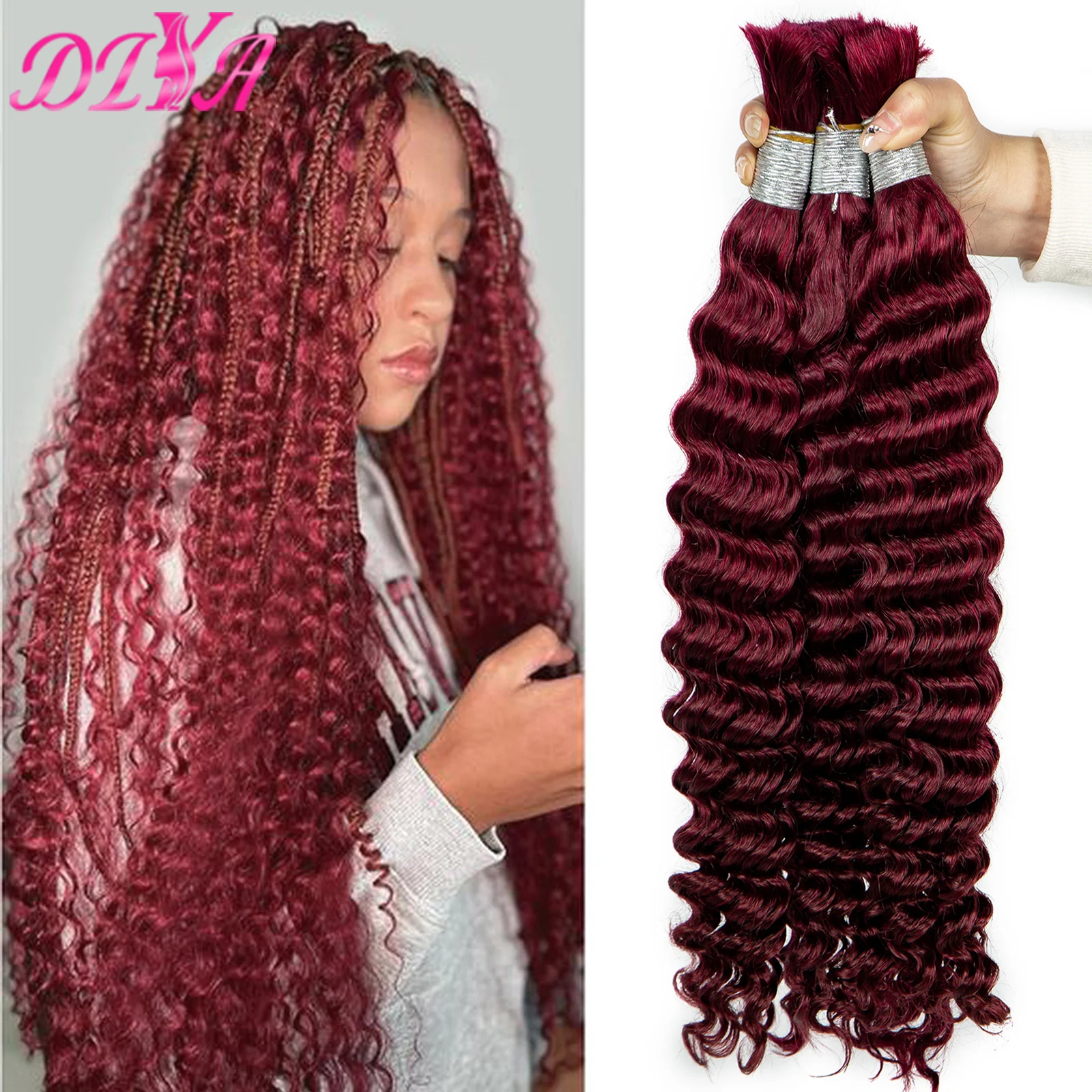 Bundles de cheveux humains Deep Wave pour femmes, extensions de cheveux, tressage, sans trame, bordeaux, en vrac, 20, 26, 28 amaran 99J