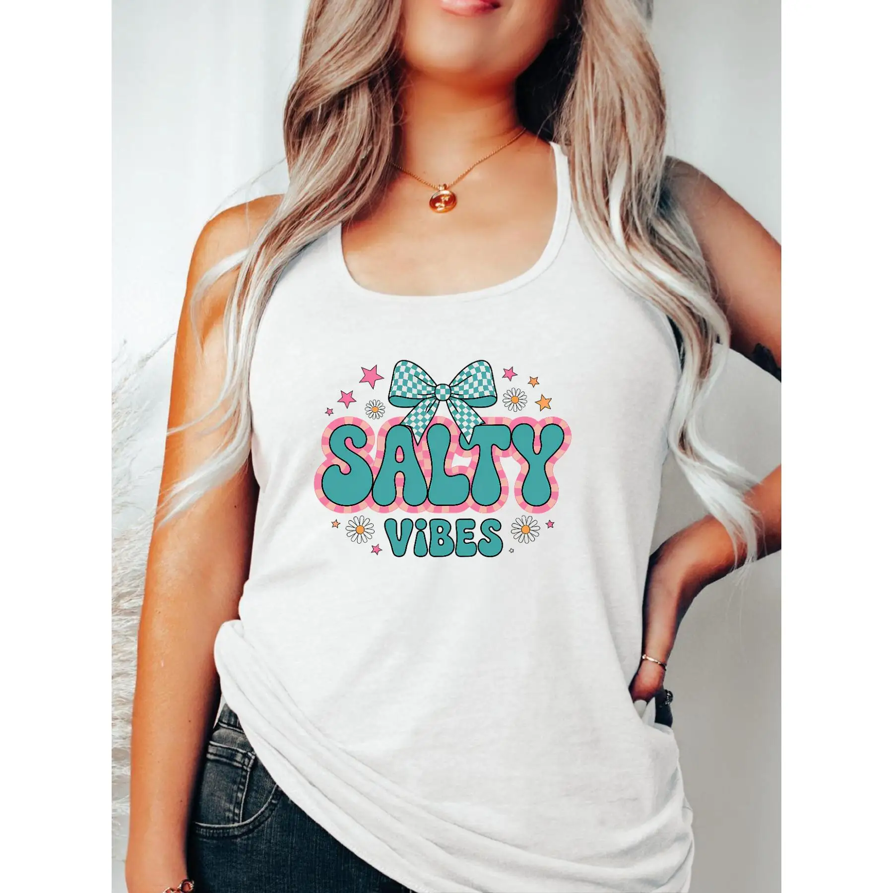 

Trendy Sleeveless Vest with "Salty Vibes" Graphic and Bow Detail for Fashion - Forward Looks