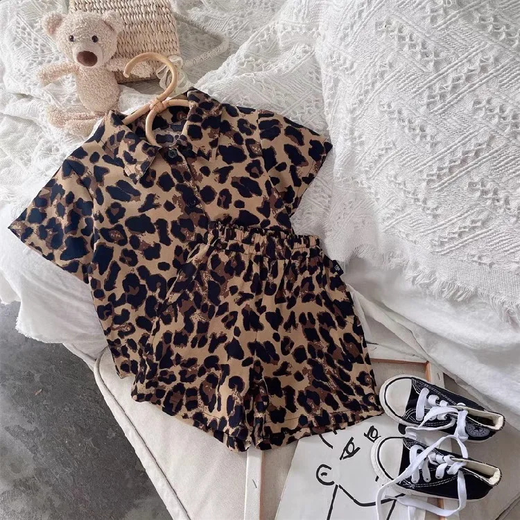 Boys and Girls Summer Suit Baby Foreign Style Children Korean Fashionable Lapel Collar Short-sleeved Shirt Leopard Print Shorts