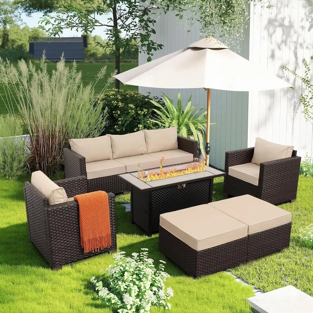 

Комплект садовой мебели из 6 предметов с газовым столом-костровищем (45 дюймов), плетеным диваном, водонепроницаемыми подушками, цвет хаки